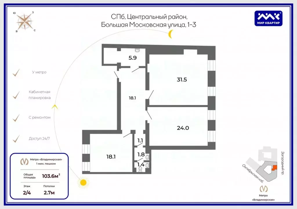 Офис в Санкт-Петербург Большая Московская ул., 1-3 (104 м) - Фото 1
