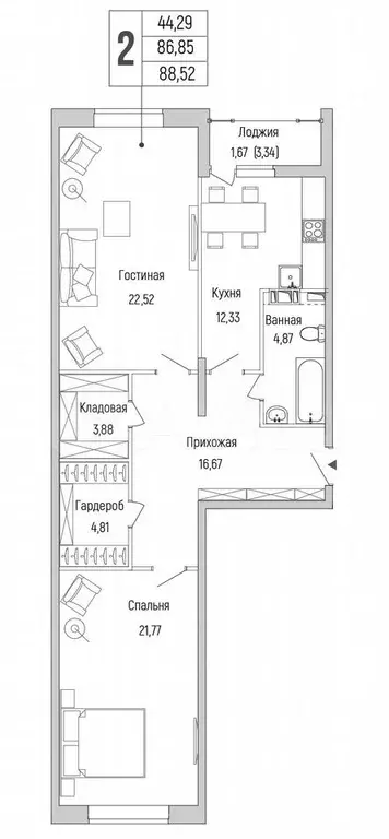 2-к. квартира, 88,5 м, 2/9 эт. - Фото 0