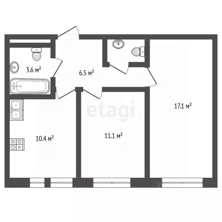 2-к кв. Москва № 28 кв-л, 2к10 (53.0 м) - Фото 1