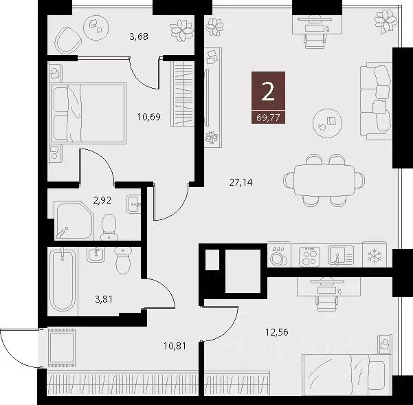 2-к кв. Рязанская область, Рязань ул. Бирюзова, 20с1 (69.77 м) - Фото 1