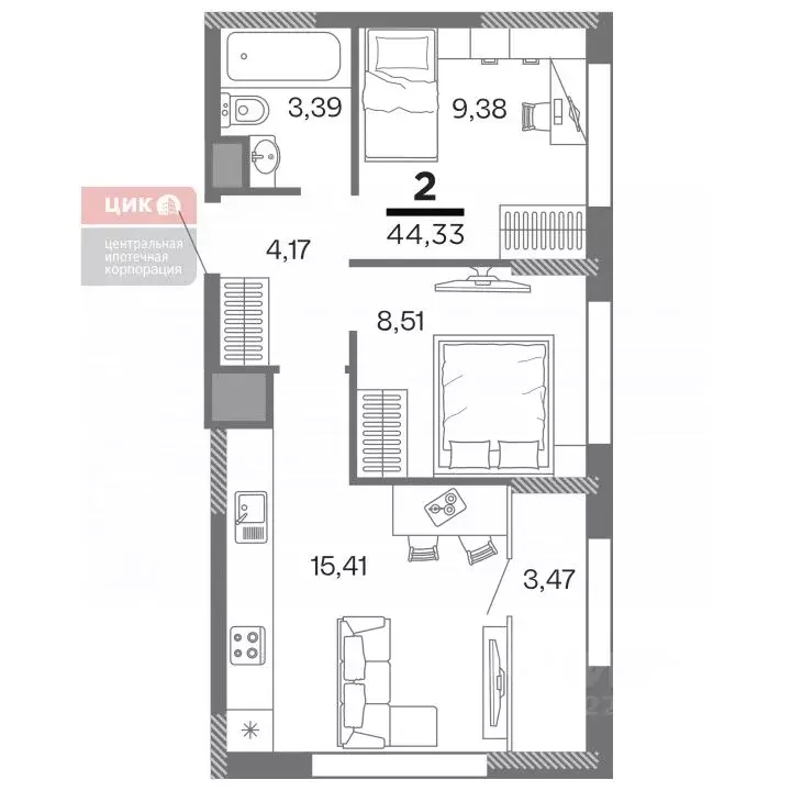 2-к кв. Рязанская область, Рязань Метропарк тер.,  (44.33 м) - Фото 2