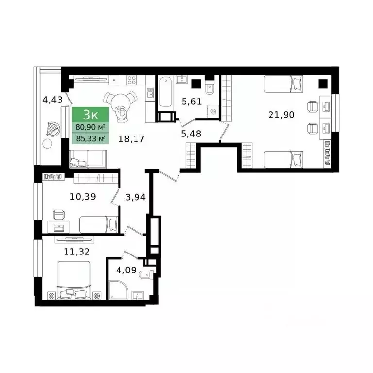 3-к кв. Курганская область, Курган просп. Конституции (85.33 м) - Фото 2