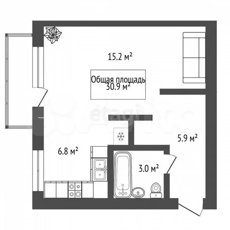 1-к. квартира, 30,9 м, 3/5 эт. - Фото 1