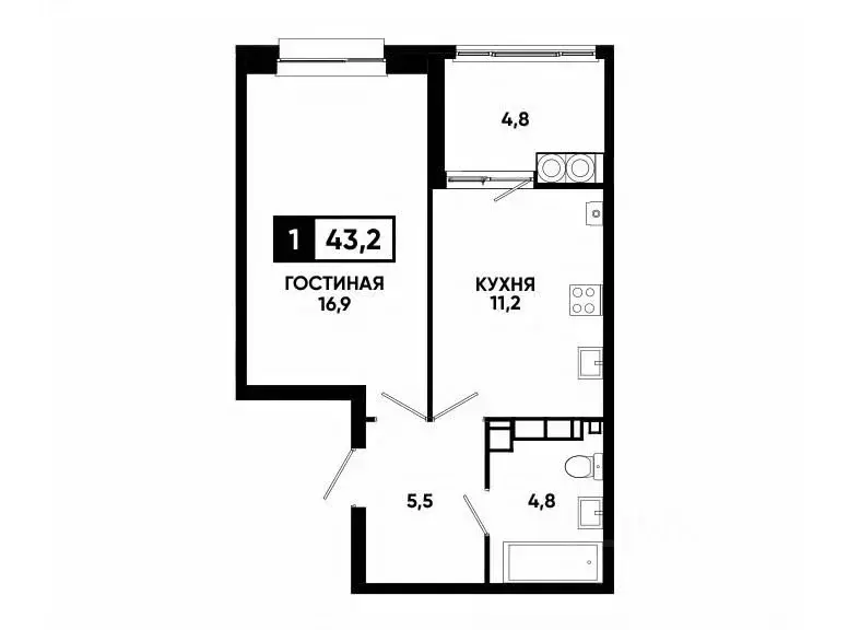 1-к кв. Ставропольский край, Ставрополь ул. Андрея Голуба, 14к3 (43.2 ... - Фото 0