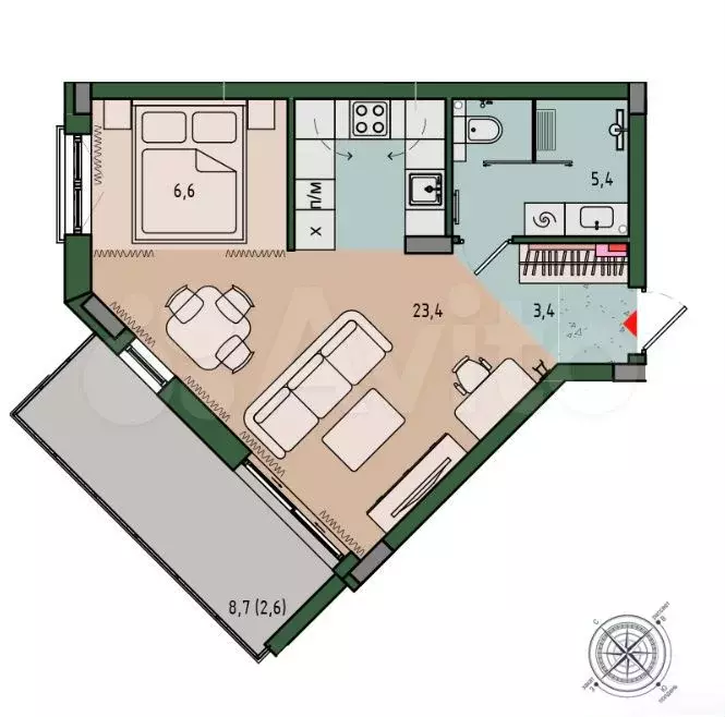 Квартира-студия, 41,3 м, 8/13 эт. - Фото 1