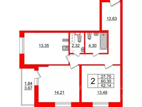 2-к кв. Санкт-Петербург бул. Александра Грина, 4 (63.0 м) - Фото 0