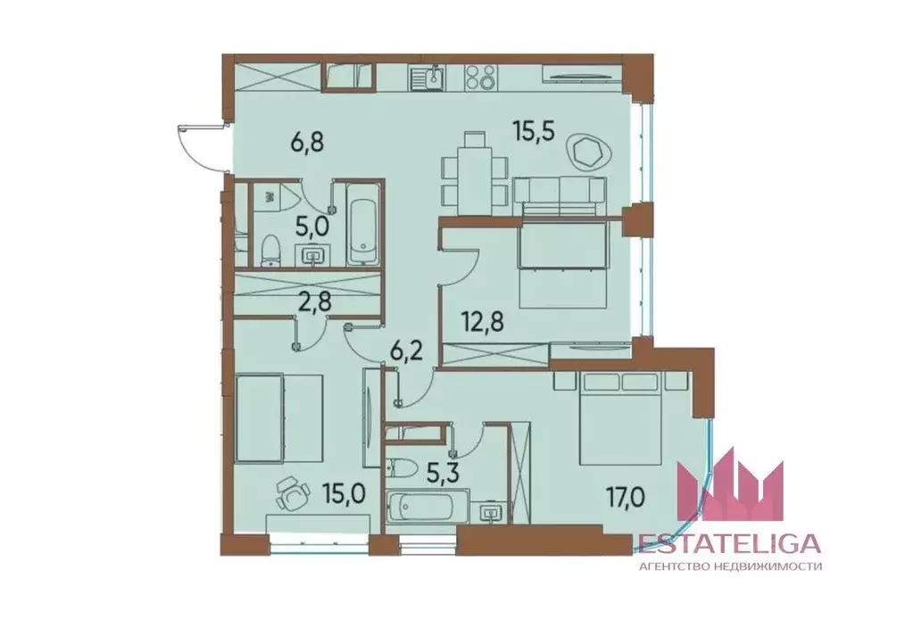 Квартира, 3 комнаты, 86.8 м - Фото 1