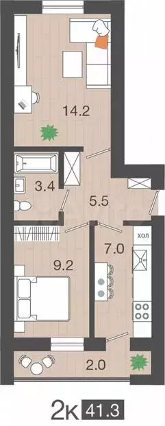 2-к. квартира, 41,3 м, 3/4 эт. - Фото 0