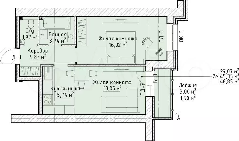 2-к. квартира, 46,9 м, 6/10 эт. - Фото 0