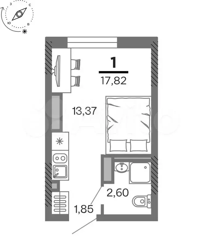 1-к. квартира, 17,8 м, 21/25 эт. - Фото 1