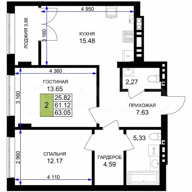 2-к. квартира, 63,1м, 3/7эт. - Фото 1