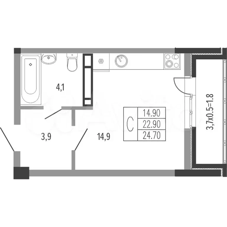 Квартира-студия, 24,7 м, 2/15 эт. - Фото 0