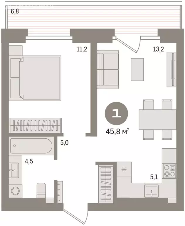 2-комнатная квартира: Тюмень, Причальная улица, 9 (45.6 м) - Фото 2