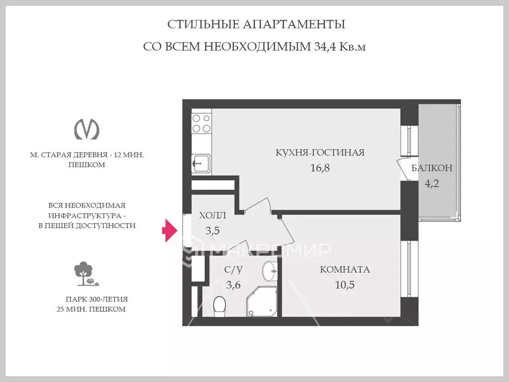 1-к кв. Санкт-Петербург дор. Торфяная, 17к6 (34.4 м) - Фото 2