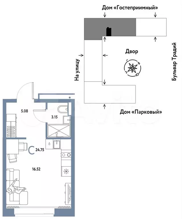 Квартира-студия, 24,8 м, 13/15 эт. - Фото 0