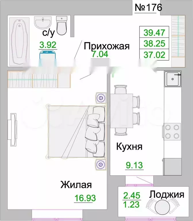 1-к. квартира, 38,3 м, 6/9 эт. - Фото 1