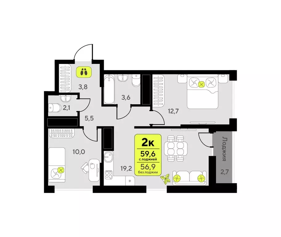 2-комнатная квартира: Тюмень, улица Первооткрывателей, 9 (59.6 м) - Фото 1