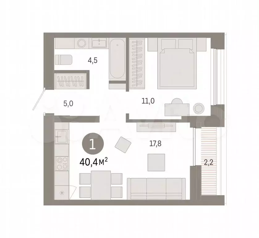 1-к. квартира, 40,4 м, 6/9 эт. - Фото 0