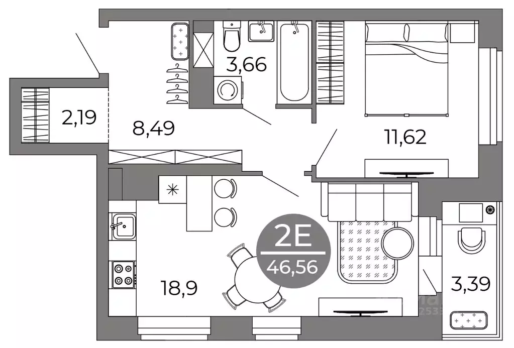 2-к кв. Воронежская область, Воронеж Галилей жилой комплекс (46.56 м) - Фото 1