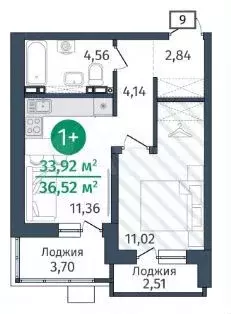 1-к. квартира, 36 м, 4/14 эт. - Фото 1