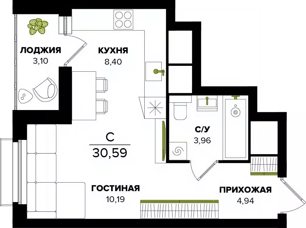 Студия Тульская область, Тула  (30.59 м) - Фото 0