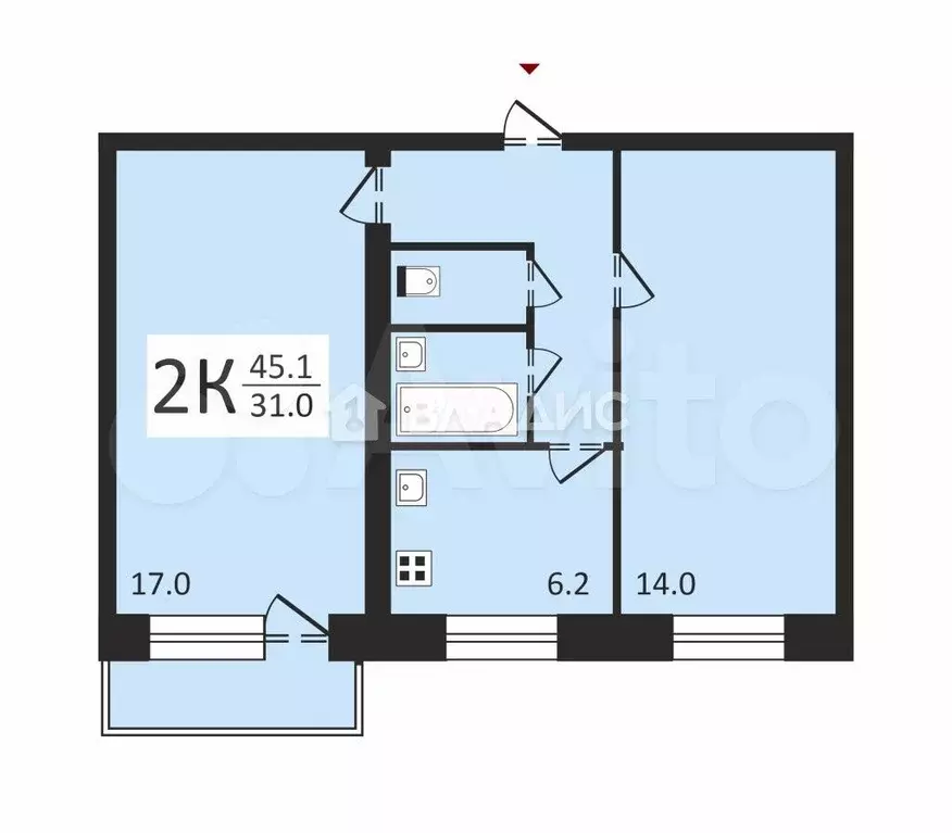 2-к. квартира, 45,1 м, 3/5 эт. - Фото 0