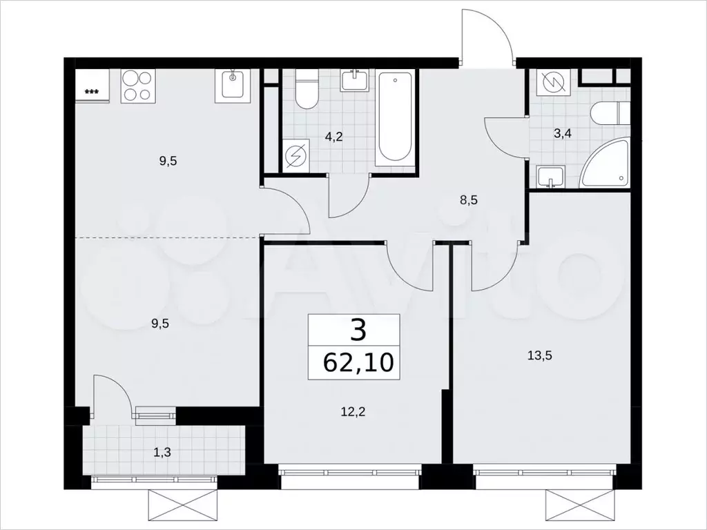 3-к. квартира, 62,1м, 8/9эт. - Фото 1