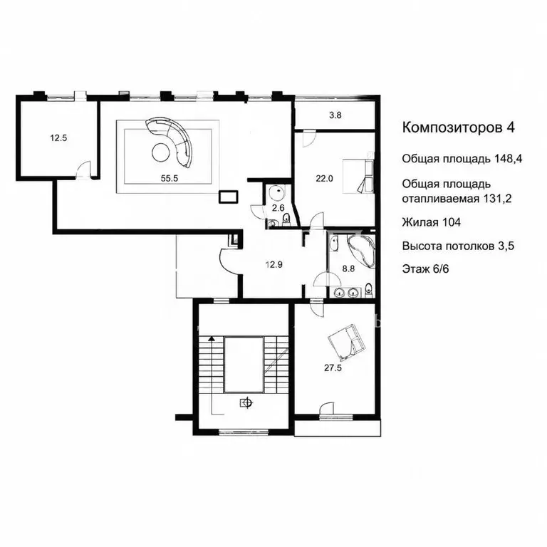 3-к кв. Санкт-Петербург ул. Композиторов, 4 (131.4 м) - Фото 2