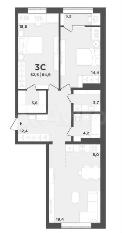 3-к. квартира, 84,9 м, 5/9 эт. - Фото 0