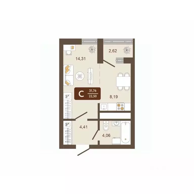 Студия Кемеровская область, Новокузнецк Макеевская ул. (31.76 м) - Фото 2