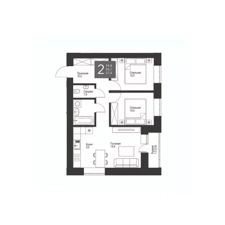 2-к кв. Татарстан, Альметьевск ул. Гафиатуллина, 60 (57.4 м) - Фото 0