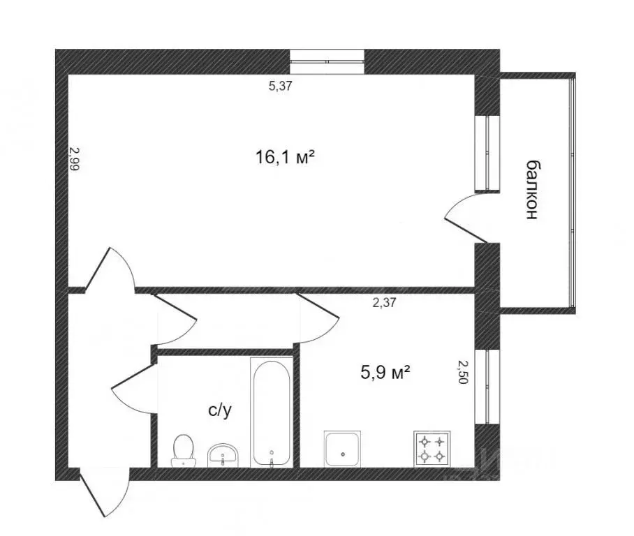 1-к кв. Тульская область, Тула ул. Фрунзе, 29 (32.0 м) - Фото 1