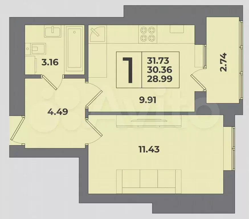 1-к. квартира, 32 м, 8/9 эт. - Фото 1