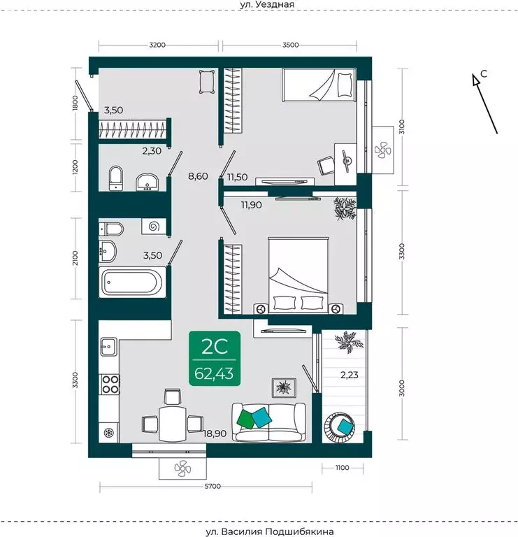 2-комнатная квартира: Тюмень, улица Василия Подшибякина, 9 (62.43 м) - Фото 1
