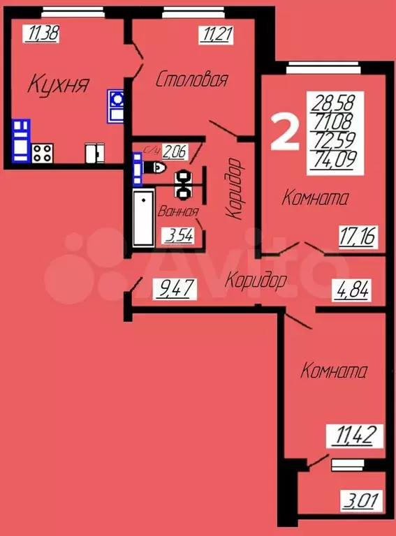 2-к. квартира, 74,1 м, 2/10 эт. - Фото 0