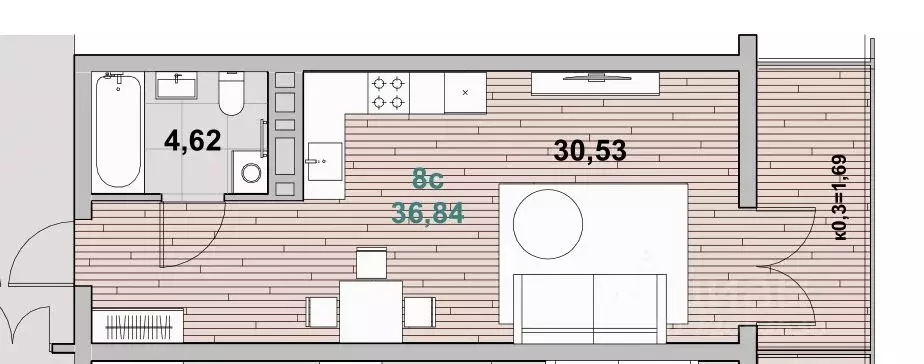 1-к кв. Калининградская область, Зеленоградск  (36.84 м) - Фото 1