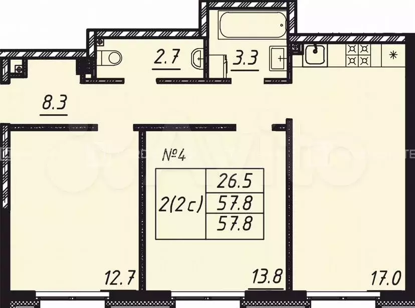 2-к. квартира, 57,8м, 2/9эт. - Фото 0