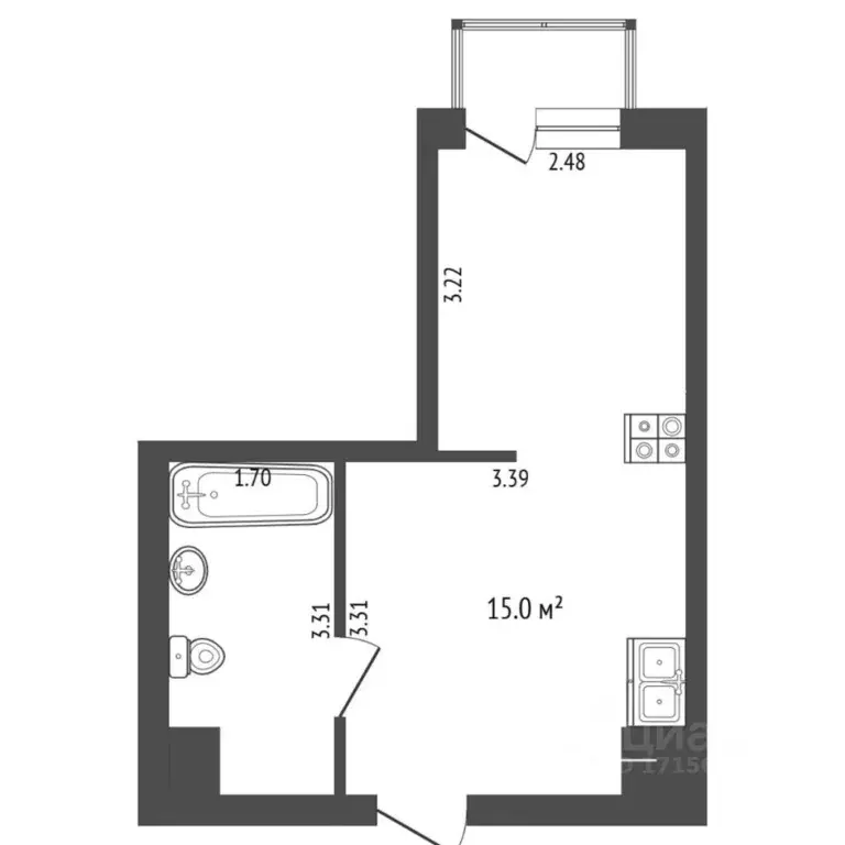 Студия Тюменская область, Тюмень ул. Геннадия Райкова, 19 (25.0 м) - Фото 1