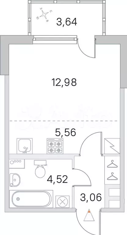 квартира-студия, 27,2 м, 2/5 эт. - Фото 0