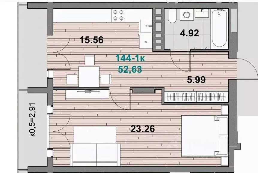 1-к кв. Калининградская область, Зеленоградск ул. Гагарина (52.63 м) - Фото 1