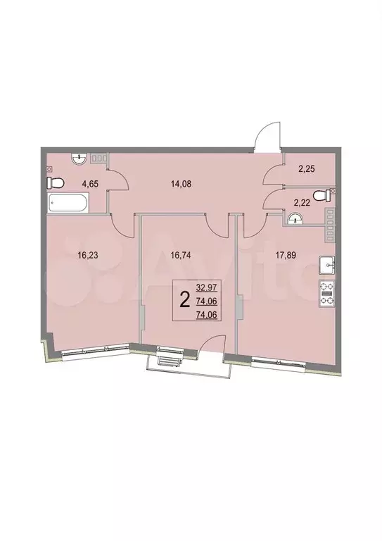 2-к. квартира, 74,1 м, 3/4 эт. - Фото 0