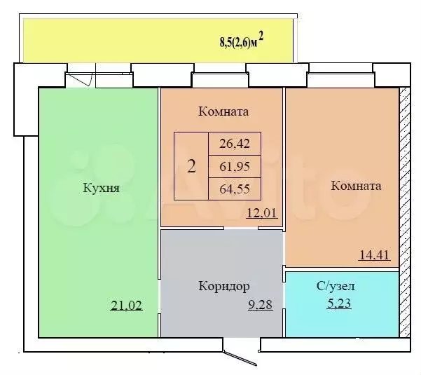 2-к. квартира, 64,6 м, 9/12 эт. - Фото 0