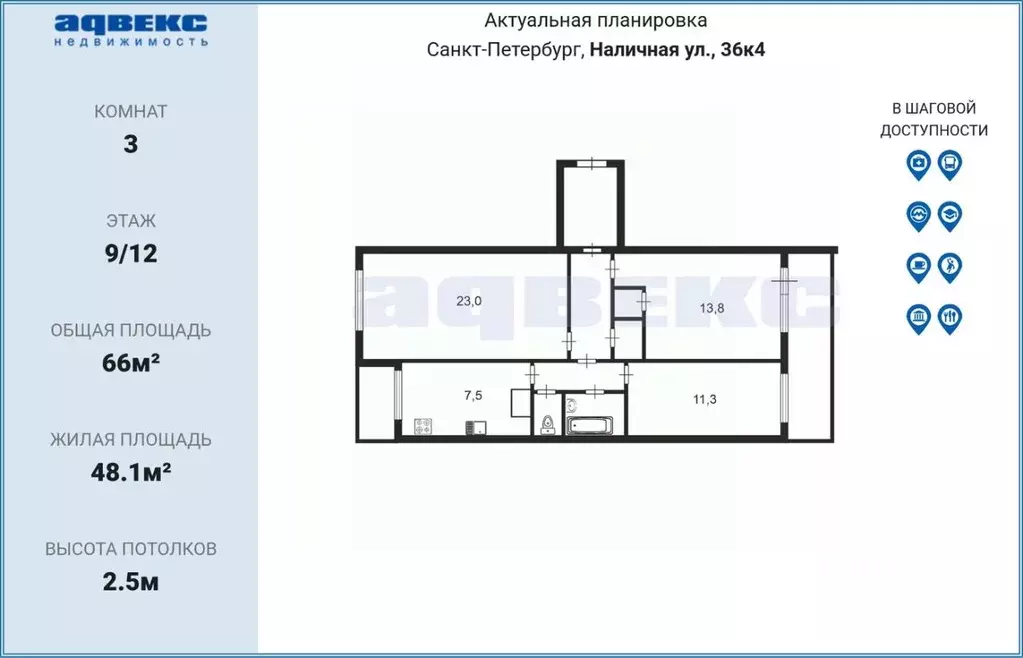 3-к кв. Санкт-Петербург Наличная ул., 36К4 (66.0 м) - Фото 2