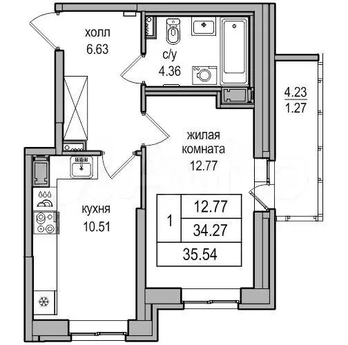 1-к. квартира, 34,3 м, 2/27 эт. - Фото 0