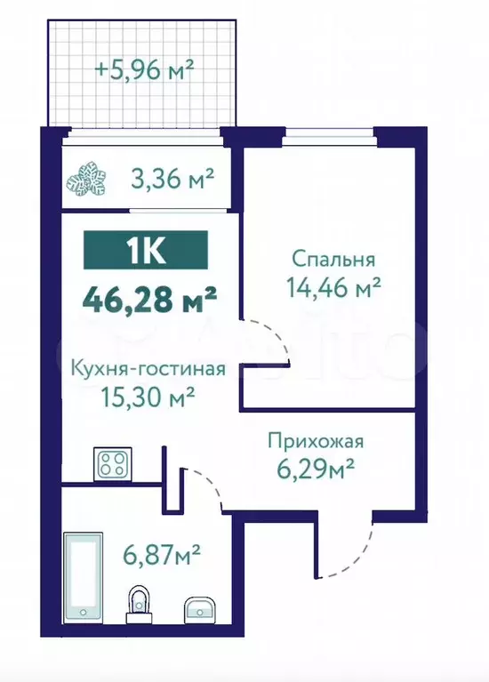 1-к. квартира, 46,3 м, 1/10 эт. - Фото 1