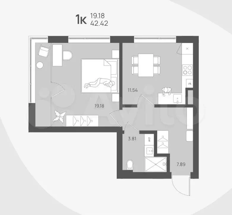 1-к. квартира, 42,4 м, 2/4 эт. - Фото 1
