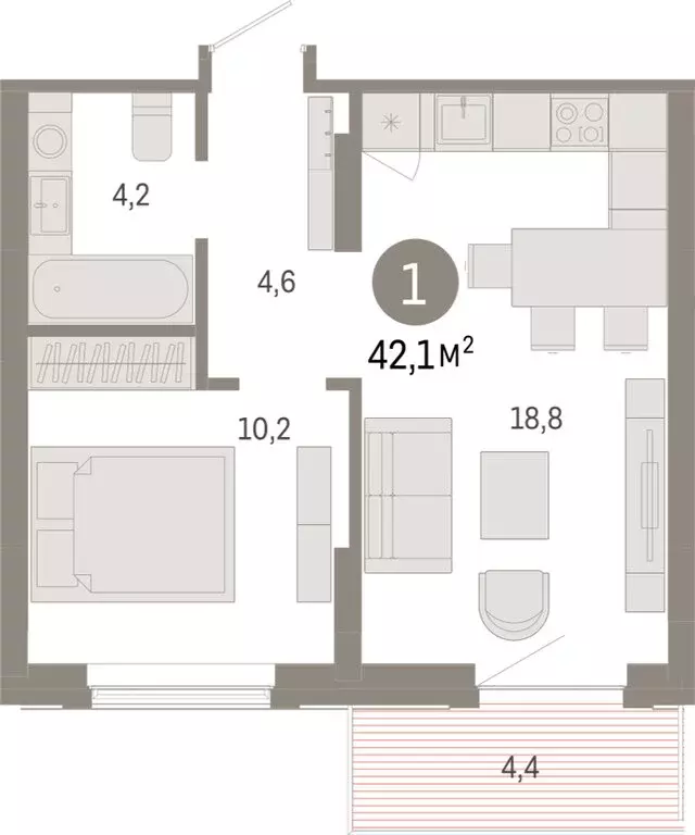 1-комнатная квартира: Омск, Кировский округ (42.05 м) - Фото 1