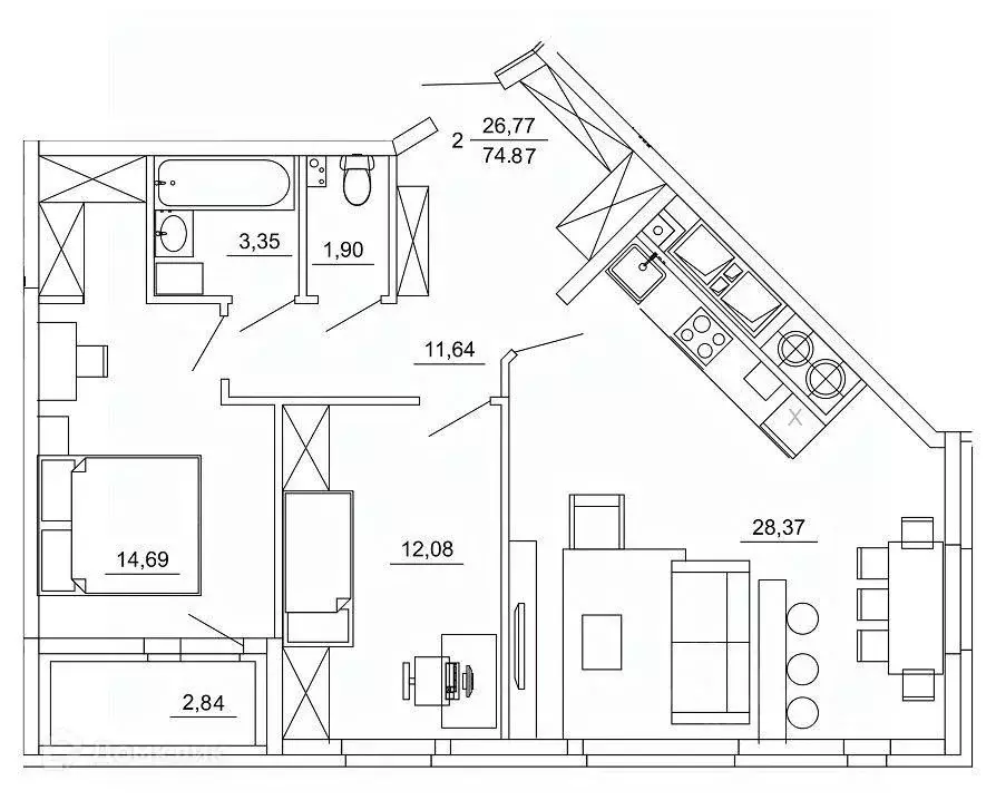 2-к кв. Рязанская область, Рязань ул. Земнухова (74.87 м) - Фото 1