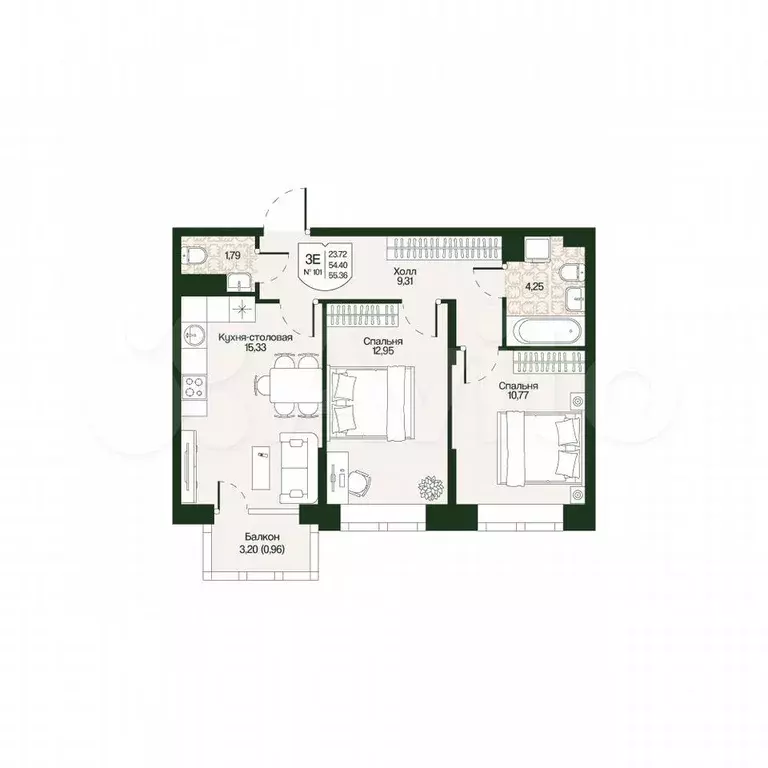 2-к. квартира, 55,4 м, 3/4 эт. - Фото 0