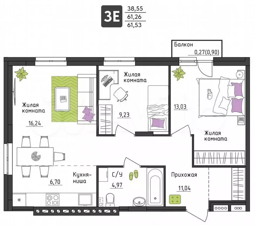 3-к. квартира, 61,5 м, 2/4 эт. - Фото 0
